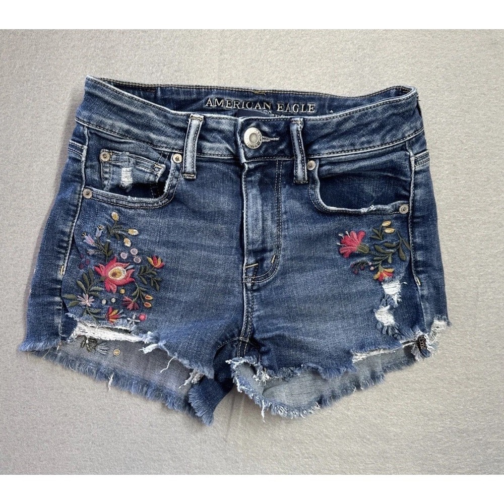 American Eagle Outfitters Dark Blue Denim High Waist Embroidered Shorts